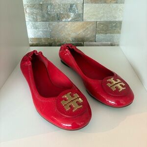 Tory Burch Red Patent Leather Reva Ballet Flats with Gold Logo